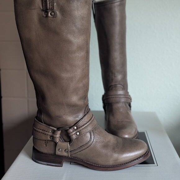 Frye Boots Size 7.5  Tall Maxine Trapunto Harness Gray All-Leather - Picture 11 of 16